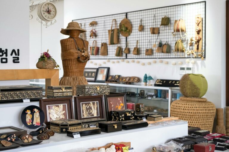 Explore a boutique with intricately handmade crafts and vintage decor.